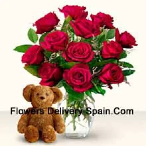 11 Red Roses With Some Ferns In A Glass Vase Along With A Cute 12 Inches Tall Brown Teddy Bear