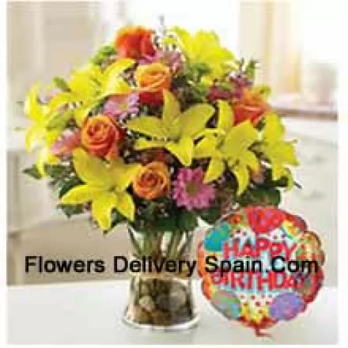 Yellow Tulips, Orange Roses And Other Assorted Flowers Arranged Perfectly In A Glass Vase Accompanied With A Birthday Balloon