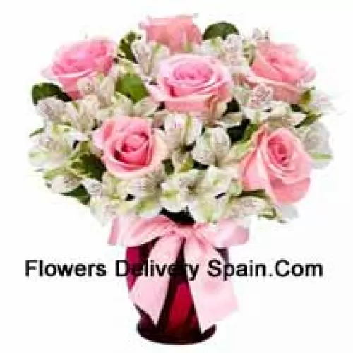 Pink Roses And White Alstroemeria Arrannged Beautifully In A Glass Vase