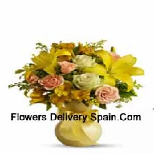 Orange Roses, White Roses, Yellow Gerberas And Yellow Lilies With Some Ferns In A Glass Vase