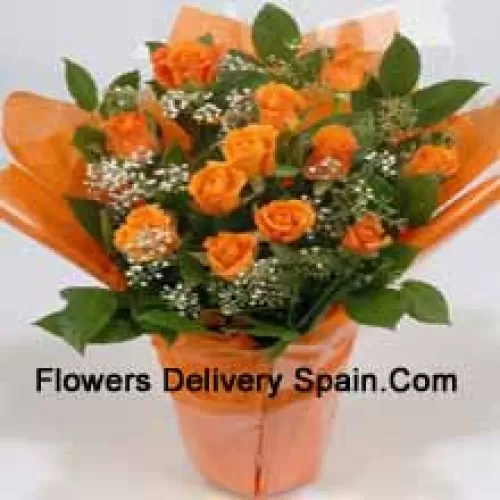 A Beautiful Arrangement Of 19 Orange Roses With Seasonal Fillers