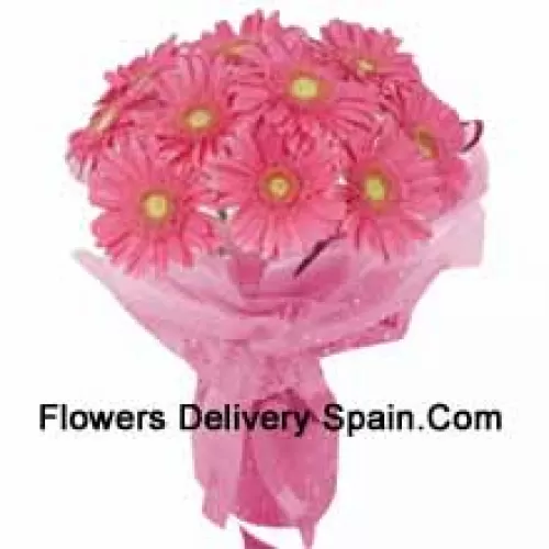 A Beautiful Hand Bunch Of 11 Pink Gerberas With Seasonal Fillers