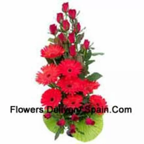 Basket Of Red Roses And Red Gerberas