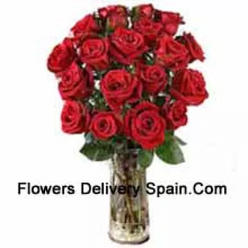 19 Red Roses With Some Ferns In A Vase