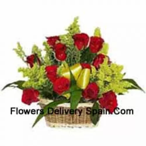 Basket Of 19 Red Roses With Seasonal Fillers