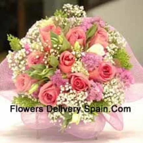 Bunch Of 11 Pink Roses With Fillers