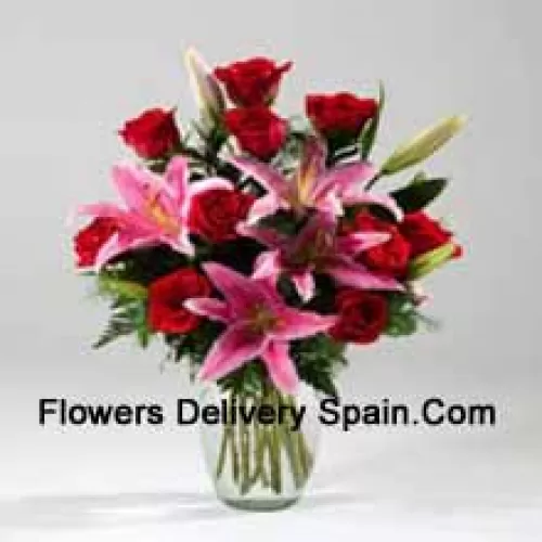 Lilies And Rose In A Vase Including Seasonal Fillers