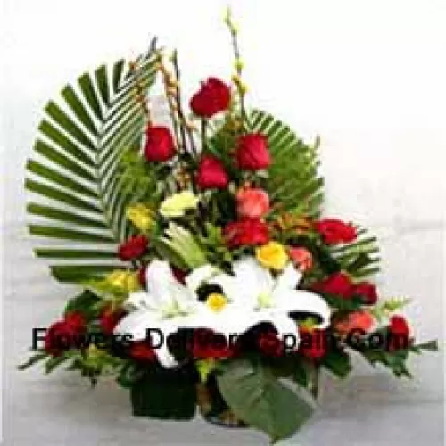 Mand met diverse bloemen, waaronder lelies, rozen en anjers