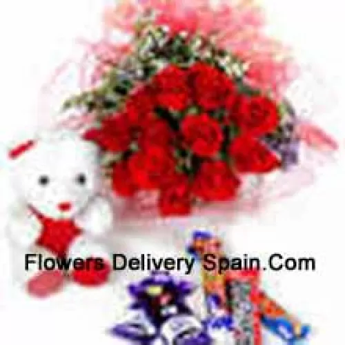 Bouquet de 11 roses rouges avec chocolats assortis et un ours en peluche mignon