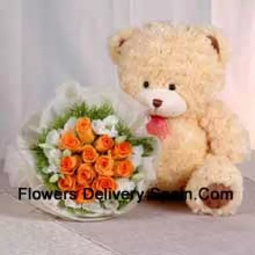 Bunch Of 11 Orange Roses And A Medium Sized Cute Teddy Bear