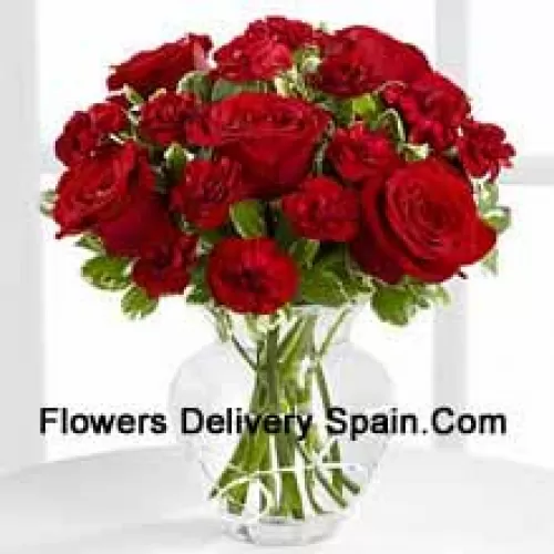 9 Red Roses And 8 Red Carnations In A Glass Vase