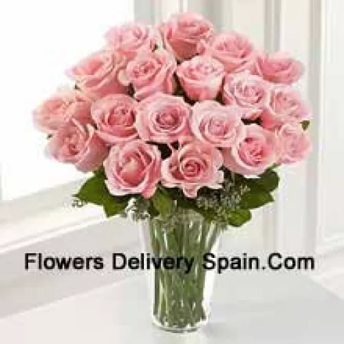 19 Pink Roses With Some Ferns In A Vase