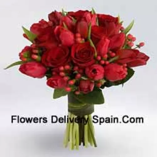 Bunch Of Red Roses And Red Tulips With Red Seasonal Fillers.