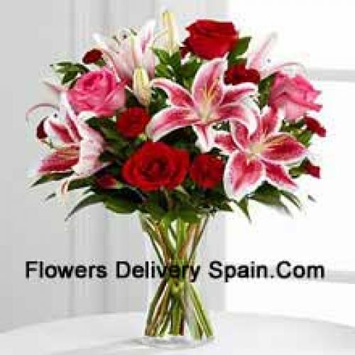 Roses with Pink Lilies in Vase