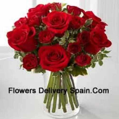 19 Red Roses With Some Ferns In A Vase