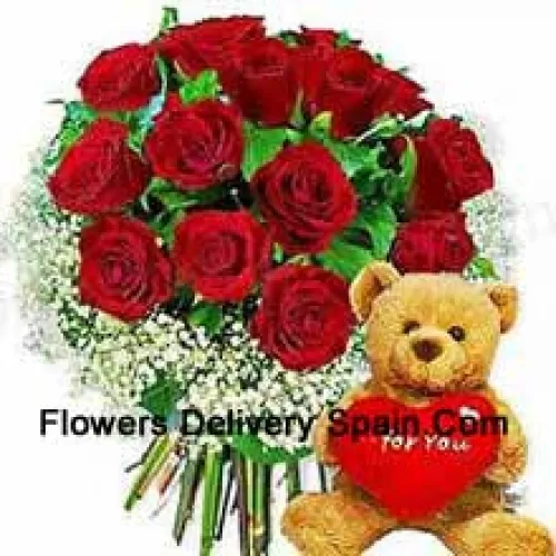 Bunch Of 11 Red Roses With Seasonal Fillers And A Cute Brown 8 Inches Teddy Bear