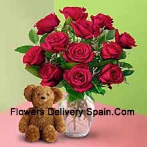 11 Roses in Vase with Teddy