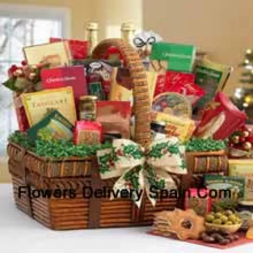 Send your best wishes with this impressive gift basket that's all decked out for the holidays. With the artful details of the handsomely crafted basket and the world of fancy flavors nestled inside, it festively captures the spirit of the season. The small includes a bountiful assortment with Tomato Basil Pretzels, Gingerbread Cake, Zesty Cheddar Thins, Spanish Olives, Pecan Pralines, Gouda Cheese Biscuits, Cinnamon Star Cookies, Belgian Chocolate Petites, California Smoked Almonds, Rothschild Triple Berry Preserves, Chocolate Chip Cookies, Ashby Assam Tea, Savory Snack Mix, Fruit Bonbons, Holiday Blend Coffee, and Godiva Milk Chocolate Strawberries. (Please Note That We Reserve The Right To Substitute Any Product With A Suitable Product Of Equal Value In Case Of Non-Availability Of A Certain Product)